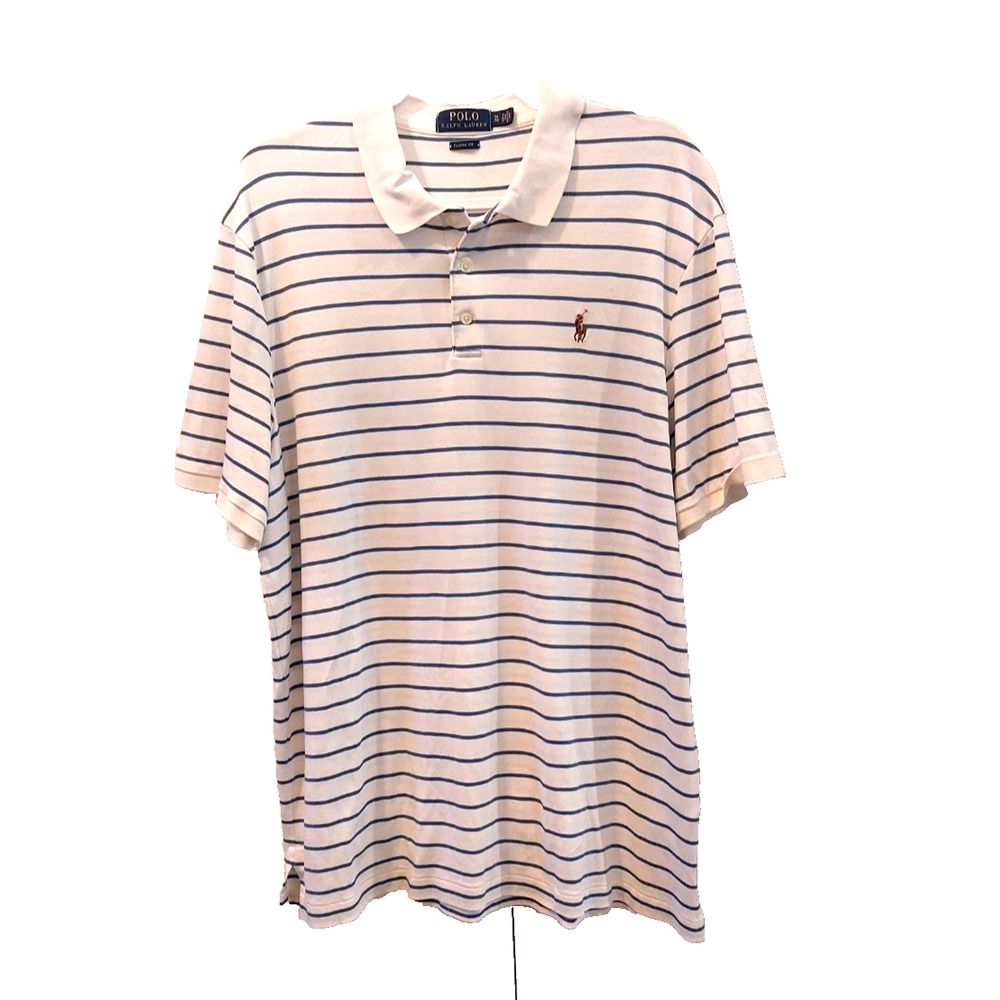 Ralph Lauren Polo Classic Fit Shirt Men’s XL White‎ Blue Stripe Short Sleeve